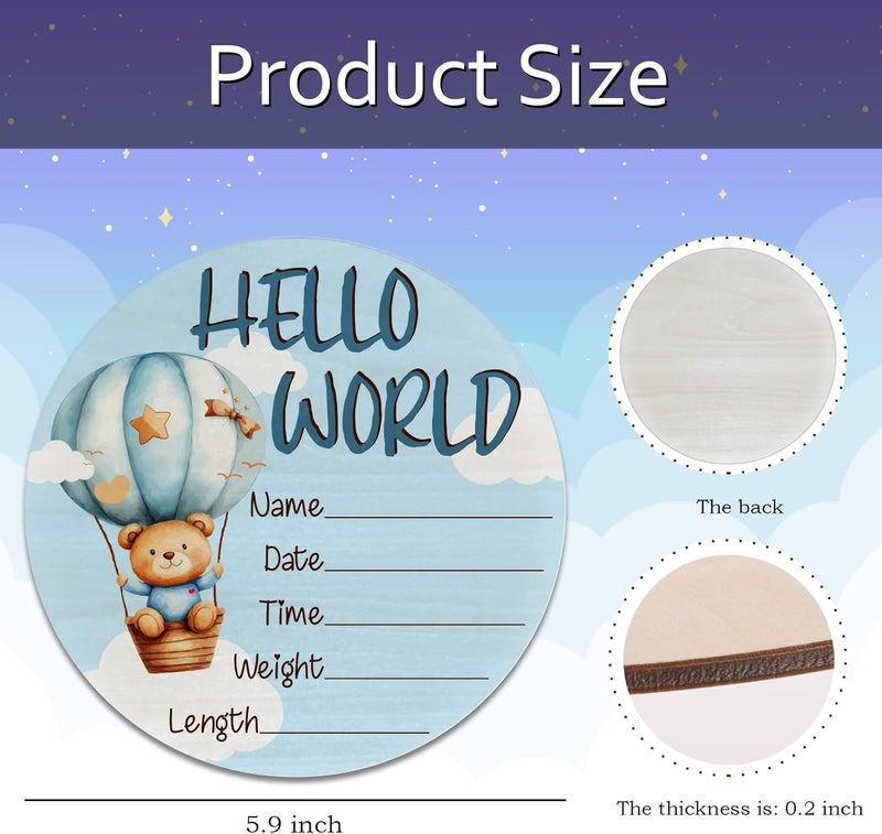 CLHHM Baby Announcement Sign, Blue Bear Hot Air Balloon Hello World Newborn Sign, Baby Shower Decorations, 6 Inch Wooden Nursery Decor Gift for Boys Girls, Birth Name Plaque - Image 2